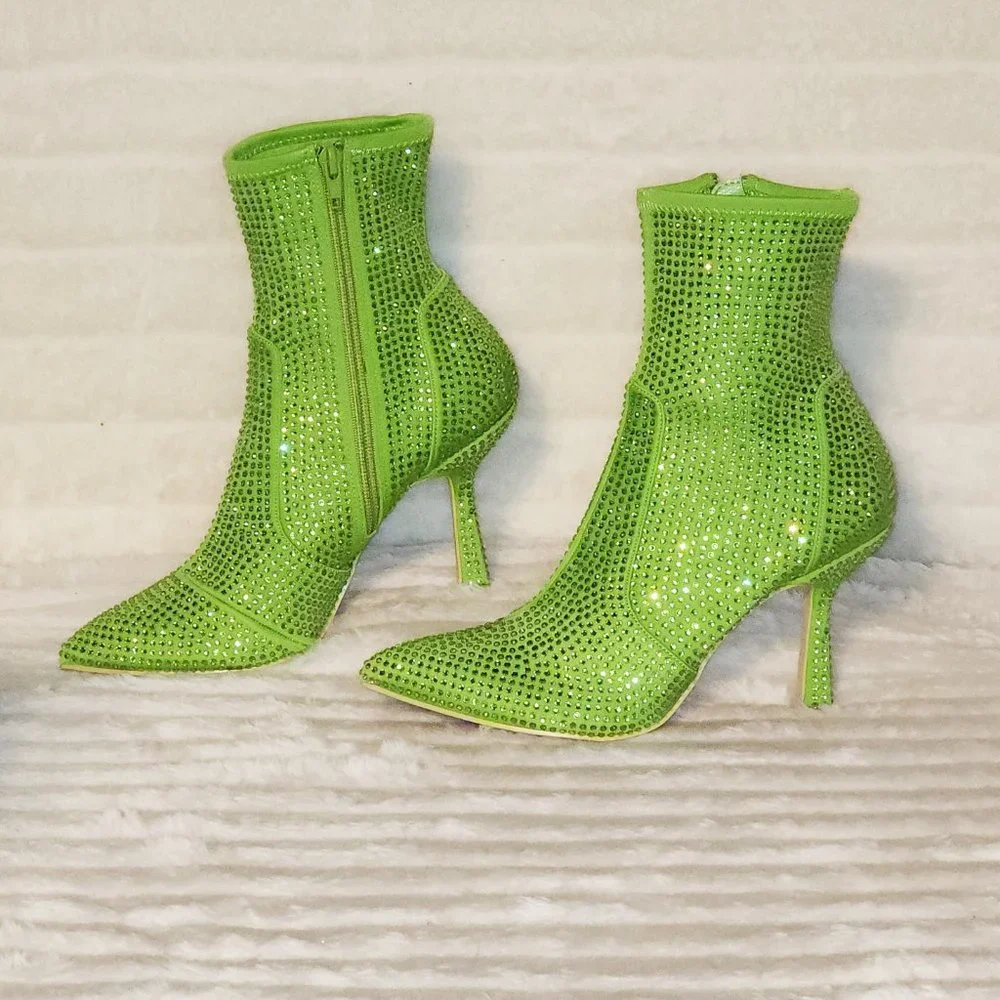 Stunning Bright Green Stretch Rhinestone Ankle Boots 3.5" Kitten Heels_13